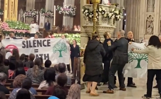 Três ativistas entraram na igreja, gritando “Palestina livre!”. (Foto: Reprodução/The News York Post).