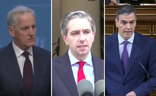 Jonas Gahr Store, primeiro-ministro da Noruega; Simon Harris, primeiro-ministro da Irlanda; Pedro Sánchez, primeiro-ministro da Espanaha. (Captura de tela/YouTube/Guardian)