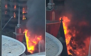 A igreja tomada pelas chamas. (Foto: Reprodução/X/Fox News)