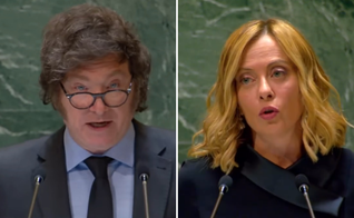 Javier Milei, presidente da Argentina, e Giorgia Meloni, primeira-ministra da Itália, discursam na 79ª sessão Assembleia Geral das Nações Unidas. (Captura de tela/YouTube/Nações Unidas/Palazzo Chigi)