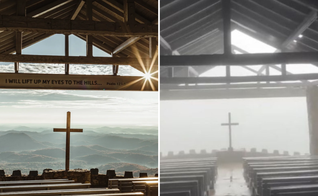 Capela no YMCA Camp Greenville em Cleveland, antes e após o furacão Helene. (Foto: Facebook/Pretty Place)