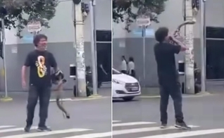 O homem tocou um shofar no centro de Governador Valadares. (Foto: Reprodução/Instagram/Valadares Redação).