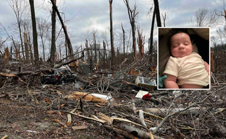 Local onde tornado passou ficou destruído; no destaque, o bebê Lord. (Foto: Arquivo pessoal)