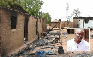 Vila tem casas e igrejas destruídas por Fulani; Pr. Gideon Dawel [destaque]. (Captura de tela/VOM)