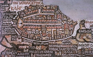 O mapa de Madaba representando a histórica Jerusalém faz parte de um mosaico no chão da antiga igreja bizantina de São Jorge em Madaba, Jordânia. (Foto: Domínio público/Wikipédia)