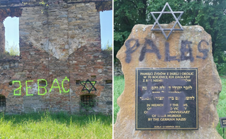 A palavra “PALESTINA” e a Estrela de Davi foram pichadas com tinta preta no memorial. (Fotos: Facebook/Jacek Koszczan)