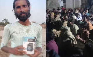 Homem com uma Bíblia em áudio e grupo ouvindo a Bíblia em áudio no Paquistão. (Foto: God Reports).