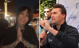 Joey Alva testemunha sobre a influência de Charlie Kirk em sua fé; ao lado, Charlie durante debate na Universidade do Sul da Califórnia. (Captura de tela / Instagram / @joelmoot / joey_alva)