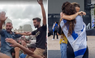 Palestinos [à esquerda] e israelenses [à direita] celebram acordo de paz nas ruas. (Captura de imagem/NBC/StandWithUs Brasil)