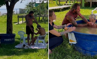 Max batizando o idoso. (Foto: Reprodução/Instagram/Max Dacampo)