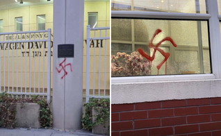 Pichação de símbolos nazistas na Magen David Yeshiva, no Brooklin. (Imagem: Twitter/Kalman Yeger/Deputada Nicole Malliotakis)