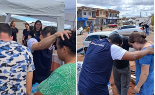 Moradores recebem oração em tenda montada por igreja em Rio Bonito do Iguaçu. (Foto: Universal)