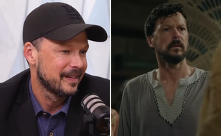 Guilherme Berenguer durante entrevista; o ator interpretando Jó. (Captura de tela/YouTube/Record TV)