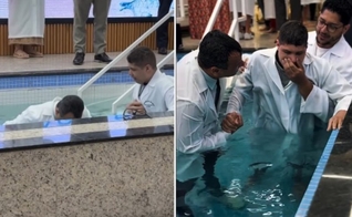 O pastor Marcos Dias ajudou Adriel a mergulhar na água. (Foto: Reprodução/Instagram/AD Brás de São Caetano).