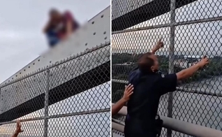 O policial orando pelo homem no local. (Foto: Reprodução/Instagram/Polícia Nacional de Panamá)