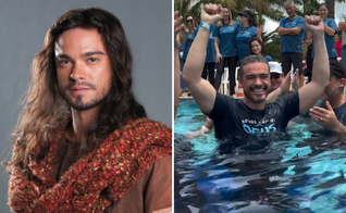 Sidney Sampaio interpretando Josué em Os Dez Mandamentos, na Record TV; e durante seu batismo nas águas. (Foto: Michel Angelo/Rede Record / Instagram @sidneysampaiooficial)