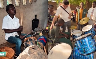 Felipe tocou uma bateria de verdade pela primeira vez. (Foto: Reprodução/Instagram/Joani Bentes).