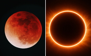 Lua de sangue e anel de fogo (Fotos: Yu Kato / Unsplash / IA)
