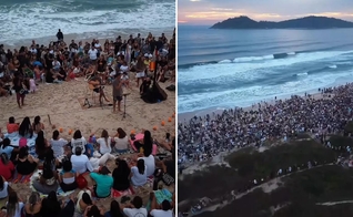 O culto na praia. (Foto: Reprodução/Instagram/Surf House Comunidade Cristã)