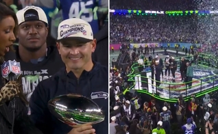 O técnico Mike Macdonald na entrega do troféu. (Foto: Reprodução/X/NFL)