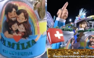A Acadêmicos de Niterói apresentou evangélicos dentro de latas de conserva. (Foto: Reprodução/X/Poder360).