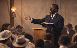 O líder pentecostal William Seymour pregando a mensagem bíblica durante um culto no início do século XX. (Imagem ilustrativa gerada por IA)