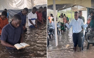 Os cristãos adorando na igreja inundada pelas chuvas. (Foto: Reprodução/Instagram/Gabriel José)
