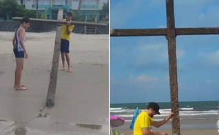 A família com a cruz na praia. (Foto: Reprodução/Instagram/Aline Altheman)