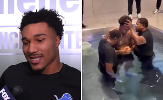 Brian Branch em entrevista e durante batismo. (Captura de tela/Youtube/ Jeff Skversky/X/NFL_DovKleiman)