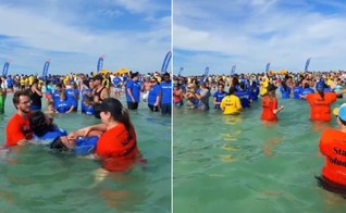 A Grace Family Church celebrou o batismo na praia de Fort De Soto. (Foto: Reprodução/Instagram/Grace Family Church).