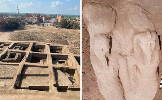 Sítio arqueológico e estátua maciça atribuída a Ramsés II. (Foto: Ministério do Turismo e Antiguidades)