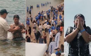Pessoas se reúnem para serem batizadas na Pirate’s Cove. (Captura de tela / Baptize California)