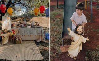 Caio brincando com o personagem de Jesus. (Foto: Reprodução/Instagram/Camila Serato)