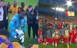 As Seleções do Panamá e de Gana oraram após o jogo. (Foto: Reprodução/Instagram/Ballersingod/Reprodução/YouTube/CazéTV).