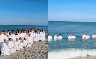 Fiéis participam de batismo nas águas realizado pela Potters House em uma praia da Flórida. (Captura de tela/Instagram/pottershousefl)