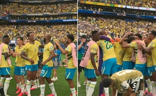 Os jogadores comemoraram agradecendo ao Senhor. (Foto: Reprodução/YouTube/CazéTV).