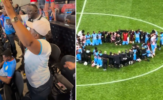 Torcedores da RD Congo louvam a Deus nas arquibancadas, enquanto jogadores e comissão técnica se ajoelham em oração após a partida. (Captura de tela/Instagram/JuniorMuhubao; X/BallersinGod)
