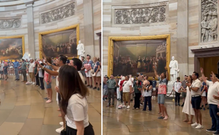 Cristãos participam de um culto de louvor na rotunda do Capitólio, durante as celebrações dos 250 anos dos EUA. (Captura de tela/X/Sean Feucht)