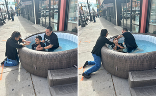 José é batizado em uma piscina montada na calçada após entregar sua vida a Jesus. (Foto: Facebook/Pastor David Brown)