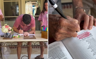 A família destacando versículos durante o chá. (Foto: Reprodução/Instagram/Amy White)