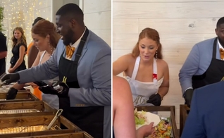 Os noivos servindo o jantar. (Foto: Reprodução/Instagram/Abigail Stasior)