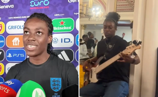 Michelle Agyemang após vitória na EURO 2025 e tocando baixo no ministério de louvor. (Captura de tela/YouTube/HaytersTV; Instagram/joseph.mo23)