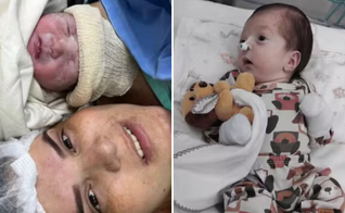 Letícia Cristina com seu filho Noah Gabriel no dia do nascimento e, à direita, o bebê durante a recuperação após deixar a UTI. (Fotos: Arquivo pessoal)