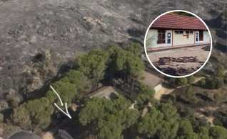 Vista aérea mostra a área devastada pelo incêndio ao redor do acampamento cristão Pinos Reales, cujos edifícios permaneceram intactos. (Foto: EEA)