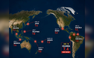Mapa mostra os 10 grandes terremotos de magnitude 7 ou superior registrados em diferentes regiões do mundo em 2026. (Fonte: The World in Maps)
