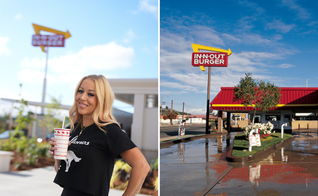 Lynsi Snyder, presidente e proprietária da In-N-Out Burger, e uma unidade da rede nos Estados Unidos. (Foto: Divulgação)
