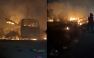 O micro-ônibus foi destruído pelo fogo após a colisão. (Foto: Reprodução/Correio da Manhã)