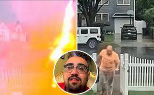 Após ser atingido por um raio, Thomas Fahmy se levanta com as roupas chamuscadas e é acolhido por vizinhos, que prestaram ajuda. (Captura de tela/NBC News)