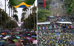 Manifestações do 7 de Setembro na Praça da Liberdade, em Belo Horizonte (à esquerda), e na Avenida Paulista, em São Paulo (à direita). (Capturas de tela: Instagram/Nikolas Ferreira/Silas Malafaia)