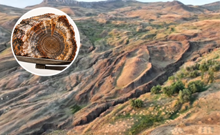 Formação de Durupınar, possível local da Arca de Noé; em destaque, representação de madeira petrificada, material possivelmente atingido pela perfuração. (Captura de tela: YouTube/Noah’s Ark Scans)
